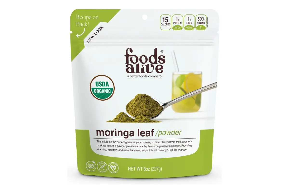 Front of an 8-ounce Foods Alive Organic Moringa Leaf Powder package